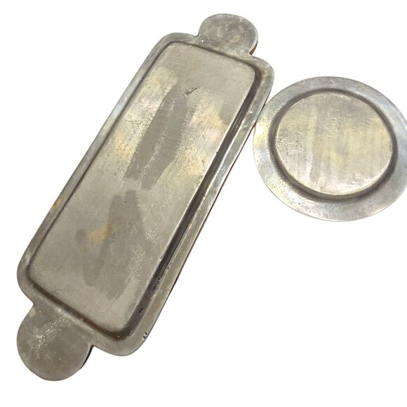 Vintage Mexican Pewter Bread Serving Tray & Round Plate Rope Detail Tile Handles - Picture 4 of 9